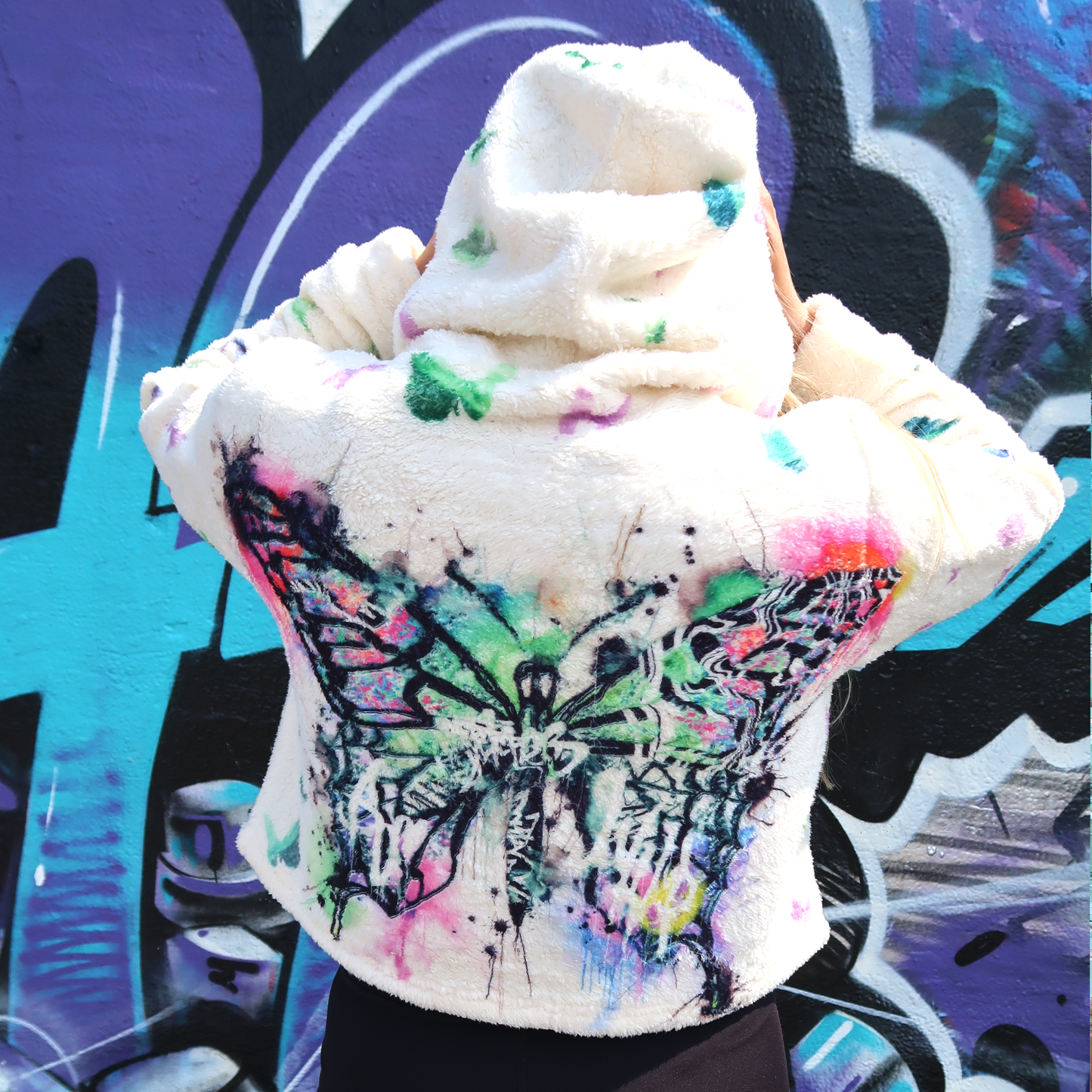 'Graffiti Butterfly' Faux Fur Cropped Hoodie - Cream - (DROP)